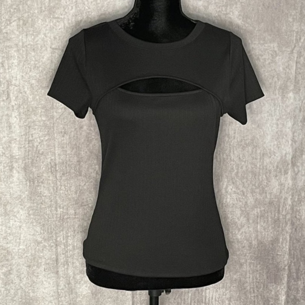 Short-Sleeved Black Cut-Out Ribbed Women's Top XS